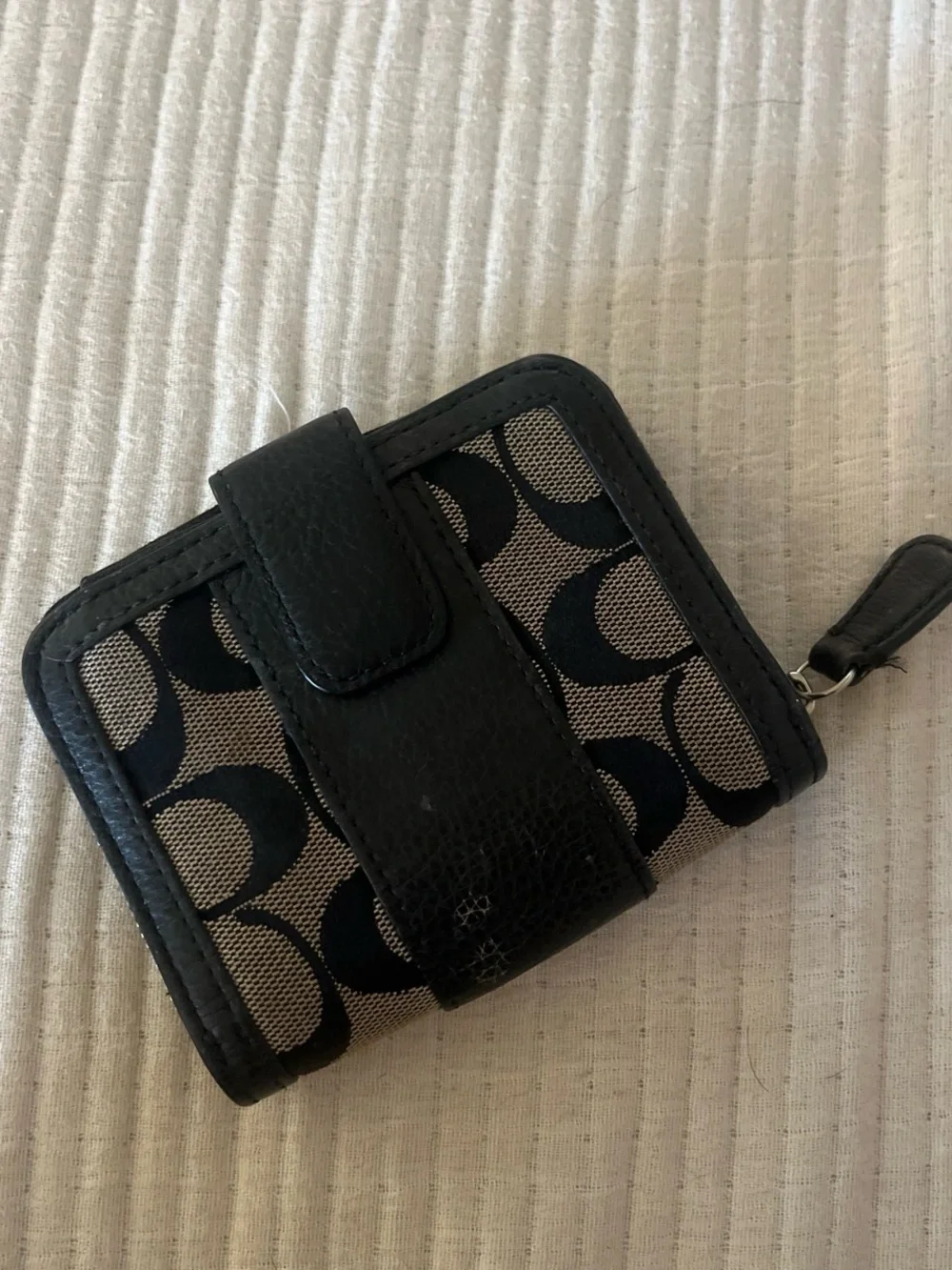 Coach Black Signature Canvas Zip Card Case with Leather Trim